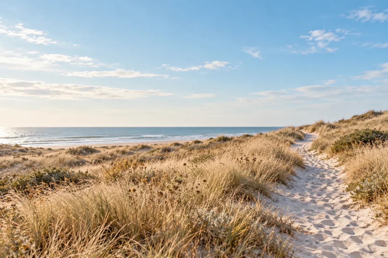 Un chemin de sable traverse les dunes jusqu’à l’océan